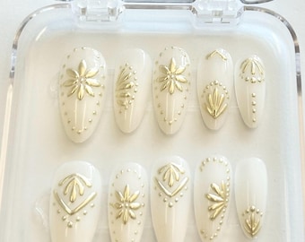 Talavera Inspired Press On Nails: Mexican Folk Art, Long Almond Shape