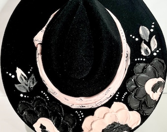 Pink bandana hand painted fedora, painted hat, hand painted wide brim, hand painted Panama hat, hand painted felt hat, 3d painted hat