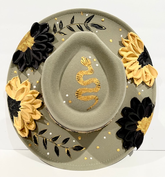 Olive Green Fedora, Hand Painted Hat, Snake Painted Hat  display picture 3