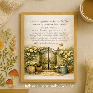 Flores aparecen en la tierra. Lámina decorativa cristiana para pared, decoración neutra con versículos bíblicos, regalo de ánimo, Cantar de los Cantares 2:12.