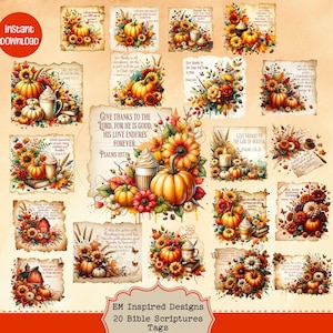 May include: A collection of 20 printable Bible scripture tags featuring watercolor illustrations of pumpkins, sunflowers, and fall foliage. The tags include text such as "Give thanks to the Lord" and "His love endures forever." The design includes a coffee cup and a red barn.