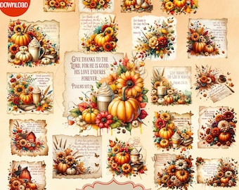 May include: A collection of 20 printable Bible scripture tags featuring watercolor illustrations of pumpkins, sunflowers, and fall foliage. The tags include text such as "Give thanks to the Lord" and "His love endures forever." The design includes a coffee cup and a red barn.