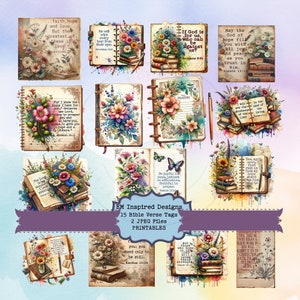 15 étiquettes de versets de la Bible imprimables • étiquettes d'écriture florales vintage • éphémères de journal indésirable chrétien • ensemble d'étiquettes d'écriture religieuse • 2 fichiers JPG