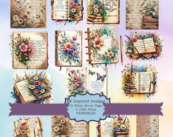 15 Bible Verse Tags Printable • Vintage Floral Scripture Tags • Christian Junk Journal Ephemera • Faith Scripture Tag Set • 2 JPG Files