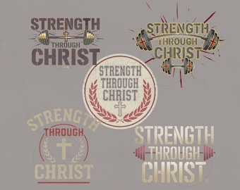 Paquete de imágenes PNG de fitness cristiano: diseños de camisetas de gimnasio con temática de fuerza a través de Cristo para entrenamientos con fe.
