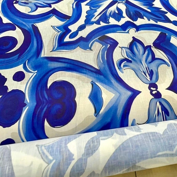 Majolica Pattern Linen Fabric, Blue and white fabric