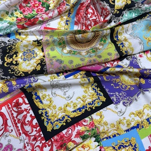 Baroque Pattern fabric, Multicolor Silky Satin Fabric, Fabric by the yard