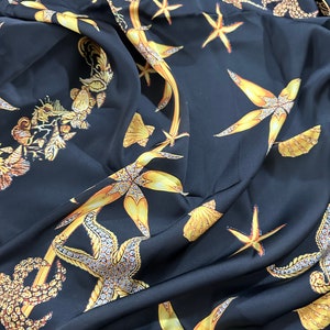 Sea Shell Pattern Satin Fabric, Black luxury Satin Fabric