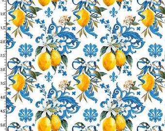 Baroque Blue Lemon Pattern Upholstery Fabric, Lemon Pattern fabric by the yard