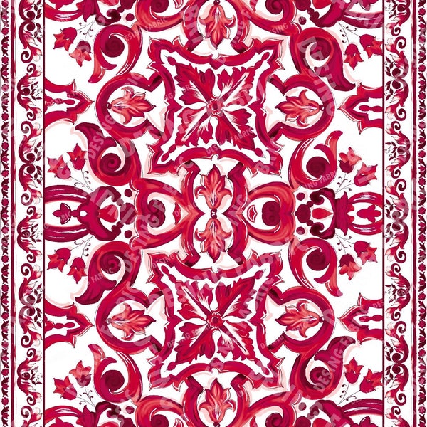 Big Majolica Pattern Fabric, Magenta Red Sicilian print Silky Crepe Fabric , Fabric by the yard