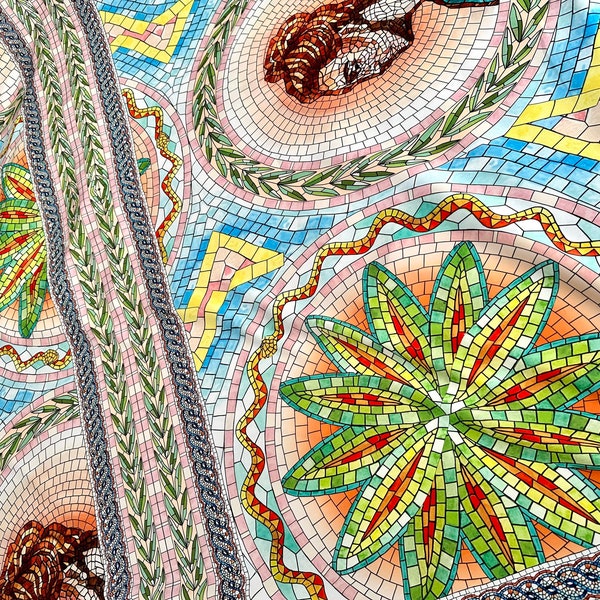 Coupon-Stoff, griechische Mosaiken drucken Seidige Krepp-Stoff, Stoff-Bulk-Lager, Panel-Stoff 150 * 100cm / / 1.64 * 1.09 yard