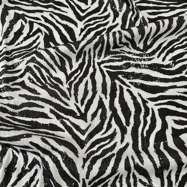 Zebra Print Pailletten Stoff, 2-Wege-Stretch Paillettenstoff, exotische Tiere, Musterstoff, Massenware