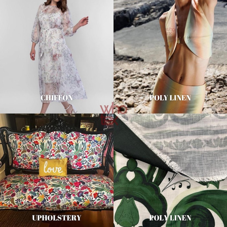 The image is a collage of four different images, each depicting a different type of fabric or textile. The first image shows a woman wearing a white dress with a floral pattern. The second image shows a woman wearing a colorful swimsuit. The third image shows a floral patterned sofa with a yellow pillow. The fourth image shows a close-up of a fabric with a green and white floral pattern.
