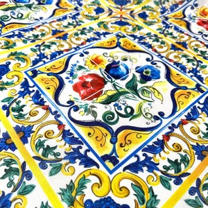 Majolica Pattern Linen Fabric - Blue and Yellow Floral Fabric