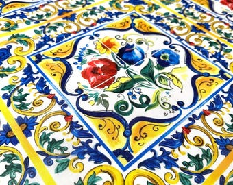 Majolica Pattern Linen Fabric - Blue and Yellow Floral Fabric