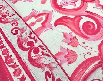 Big Majolica Pattern Fabric, Pink White Sicilian Print Fabric By The Yard