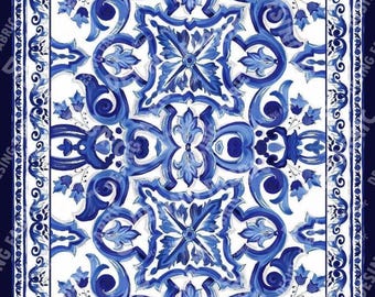 Big Majolica Pattern Fabric, Blue Navy Sicilian Fabric By The Yard