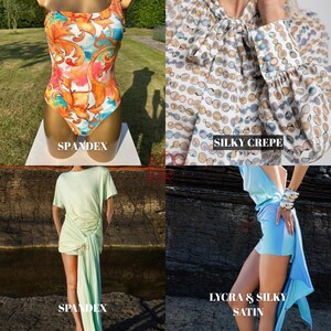 The image is a collage of four different fashion items, each with a unique design and color scheme. The collage includes a colorful floral swimsuit, a patterned blouse, a dress with a tie, and a dress with a wrap.
