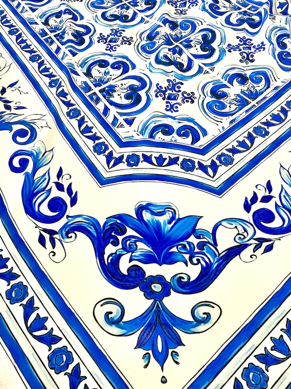 Blue Majolica Fabric, Sicilian Print Silky Crepe Fabric , Fabric by the  Yard, Panel Fabric 150100cm // 1.64 1.09 Yard 
