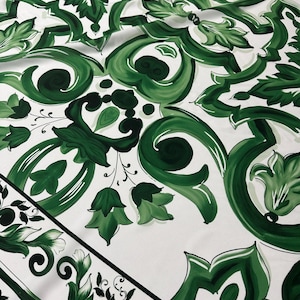 Big Majolica Pattern Fabric, Green White Sicilian Print Fabric By The Yard