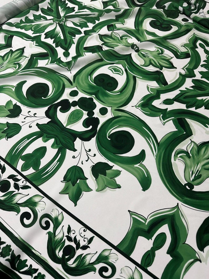 Big Majolica Pattern Fabric, Green White Sicilian Print Fabric By The Yard - Whotex Online Fabric Store