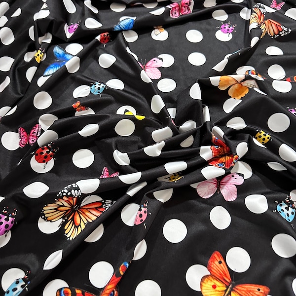 Butterfly Spandex Fabric, Polka Dot pattern fabric,  Black color fabric