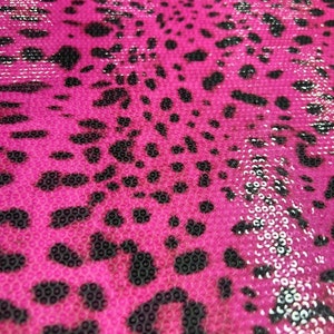 Leopard Print Sequin Fabric, 2-way stretch Sequin Fabric, Fushia Color exotic animal Pattern Fabric, Fabric by the yard