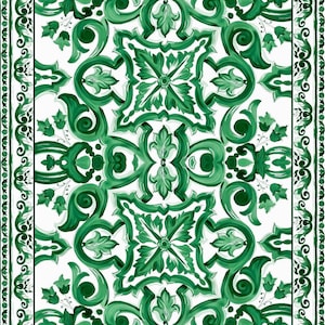 Big Majolica Pattern Fabric, Green White Sicilian Print Fabric By The Yard - Whotex Online Fabric Store