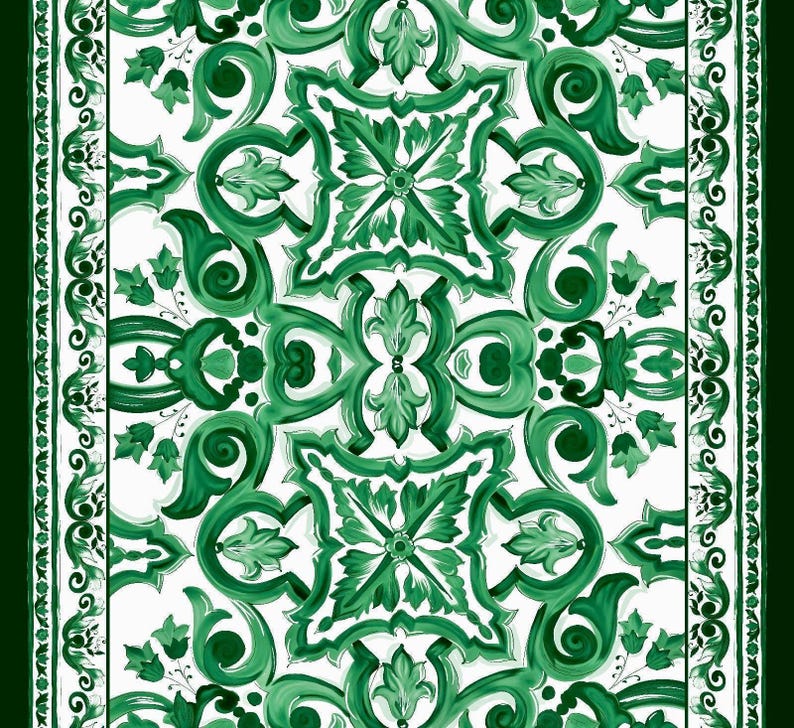 Big Majolica Pattern Fabric, Green White Sicilian Print Fabric By The Yard - Whotex Online Fabric Store