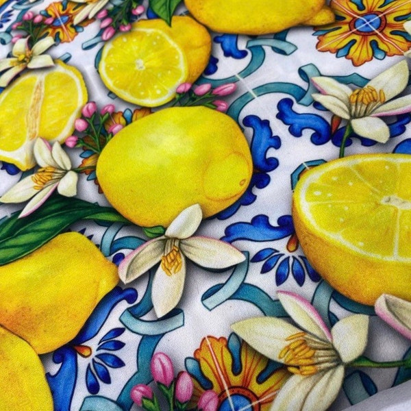 Lemon Pattern Fabric, Blue Spanish Pattern Satin Fabric