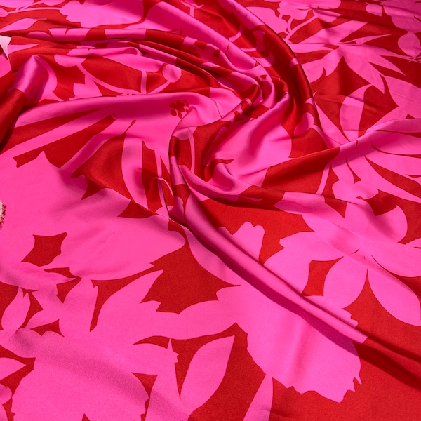 Rosa Rotes Tropisches Muster Satin Stoff, Meterware