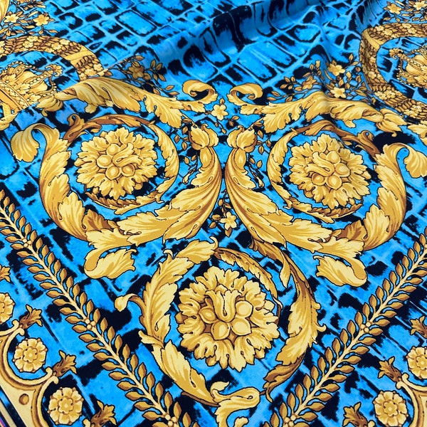 Turquoise Color Snake Skin Pattern Silky Crepe, Baroque Pattern Silky Crepe Fabric, high quality fabric, Desing Fabric