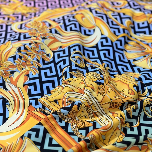 Greek Key pattern fabric, Gold Baroque Silky Crepe Fabric , Panel Fabric 150*100cm // 1.64 * 1.09 yard