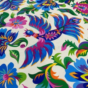 Mexican Flowers Pattern Crepe fabric, Multicolor Otomi bird fabric