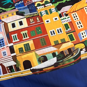 italy City Pattern Fabric,Portofino pattern Coastal City Silky Crepe Fabric , 1 Panel Fabric (150*100cm // 1.64 * 1.09 yard)