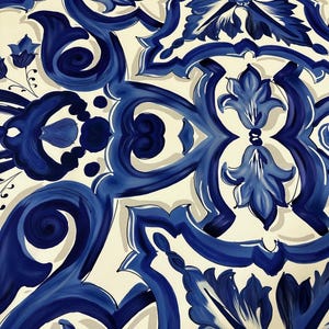 Big Majolica Pattern Fabric, Blue Navy Sicilian Fabric By The Yard