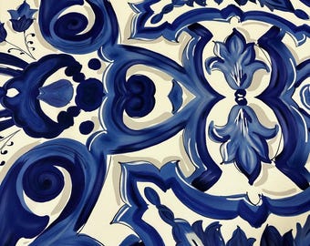 Big Majolica Pattern Fabric, Blue Navy Sicilian Fabric By The Yard