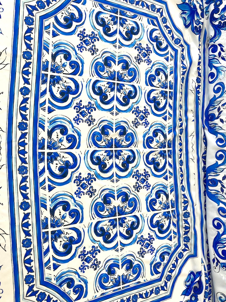 Blue Majolica fabric, Sicilian print Silky Crepe Fabric , Fabric by the yard, Panel Fabric 150100cm // 1.64 1.09 yard image 3