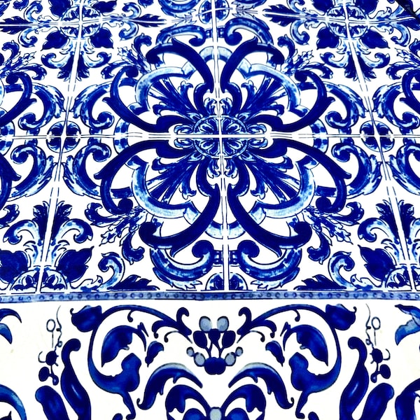 Crepe Fabric, Majolica Pattern Crepe Fabric, Blue White Swirl fabric