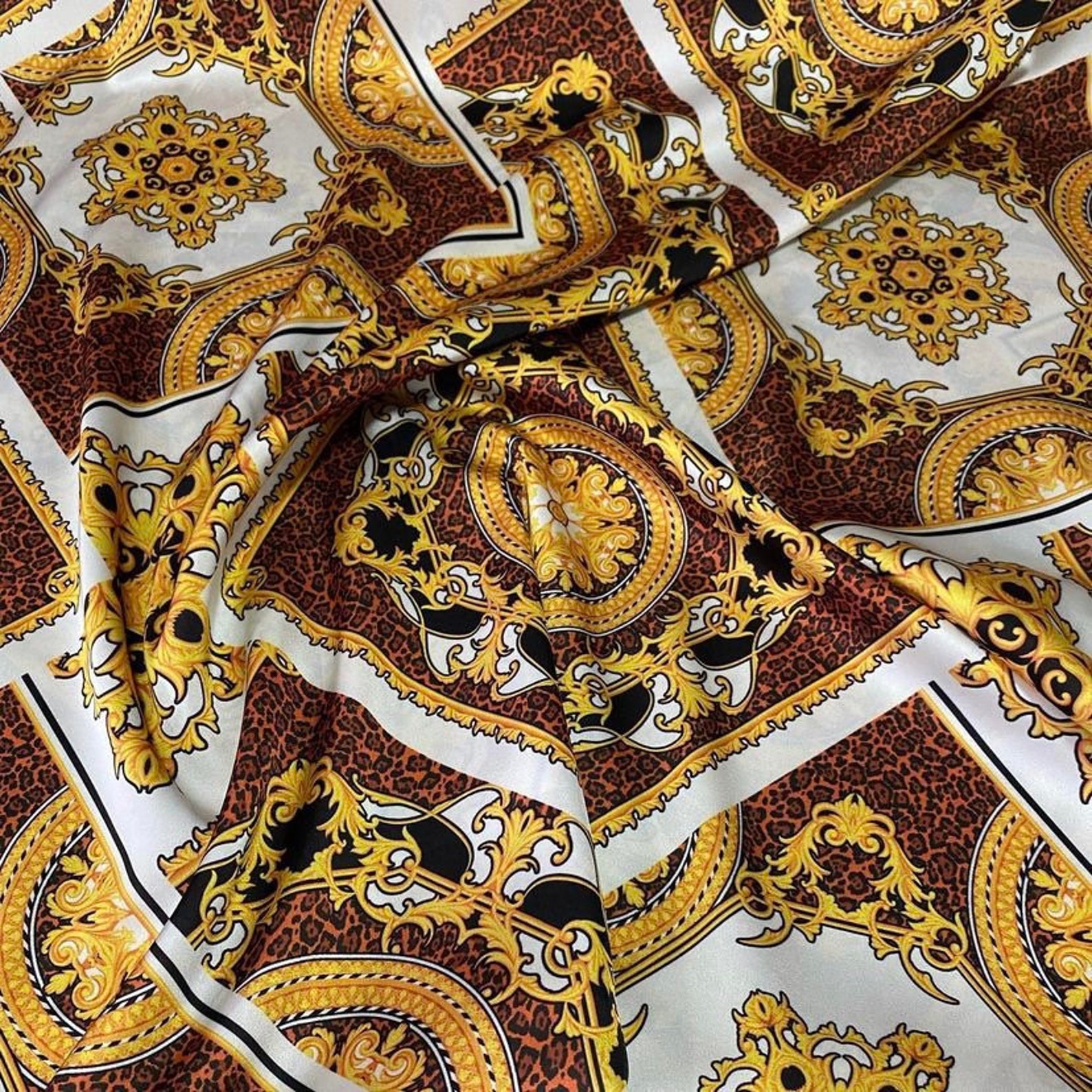Gold Baroque print fabric Brown gold satin fabric | Etsy