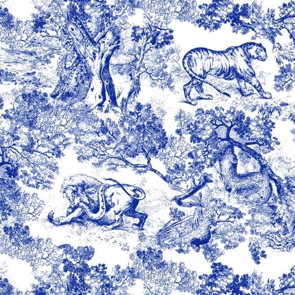 Tissu satiné soyeux motif forêt, tissu motif animal bleu marine blanc, tissu de luxe, haute qualité,