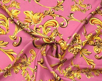 Pink Crepe ,Gold Baroque Print Silky Fabric, luxe fabric, High Quality