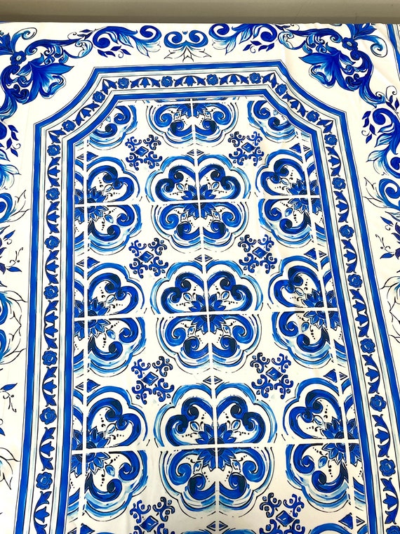 Blue Majolica Fabric, Sicilian Print Silky Crepe Fabric , Fabric