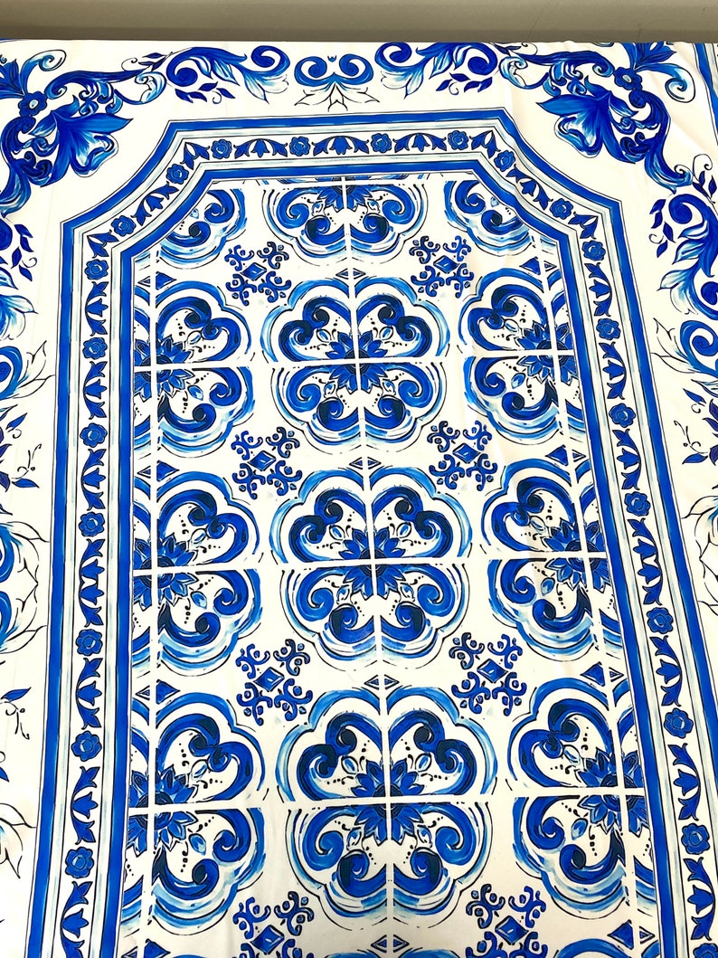 Blue Majolica fabric, Sicilian print Silky Crepe Fabric , Fabric by the yard, Panel Fabric 150100cm // 1.64 1.09 yard image 10