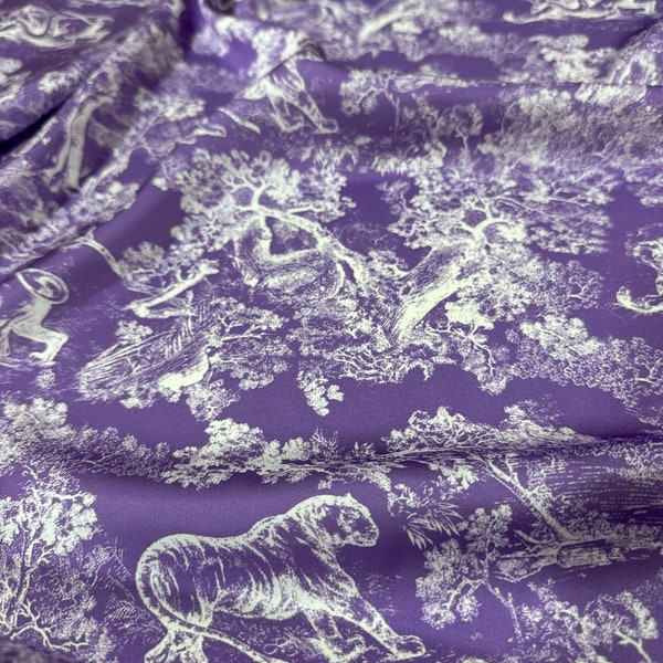 Tessuto di raso setoso con motivo foresta, tessuto con motivo animale bianco viola, tessuto di lusso, alta qualità,