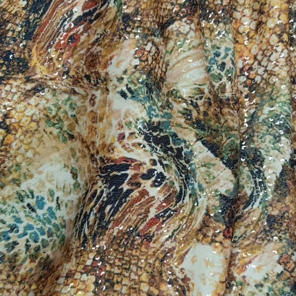 Tissu à paillettes imprimé peau de serpent, tissu à paillettes extensible dans les deux sens, tissu à motif d'animaux exotiques, tissu par mètre