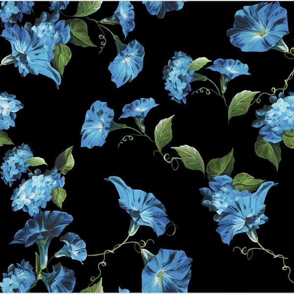 Tissu satiné soyeux à imprimé campanules, tissu noir fleurs bleues