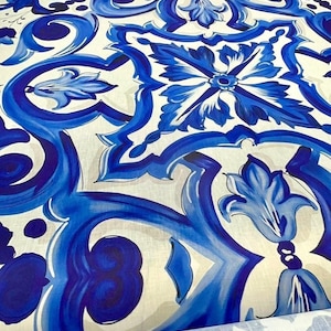 Majolica Pattern Blue and White Linen Fabric - Decorative Textile