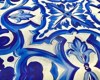 Majolica Pattern Blue and White Linen Fabric - Decorative Textile