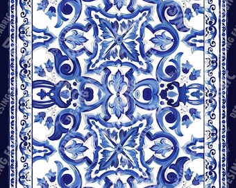 Majolica Pattern Blue and White Linen Fabric - Decorative Textile